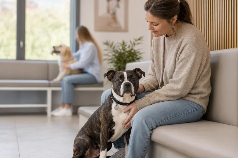 Ein Chincha Bull Hund sitzt ruhig neben seinem Besitzer im hellen Wartezimmer einer modernen Tierarztpraxis.